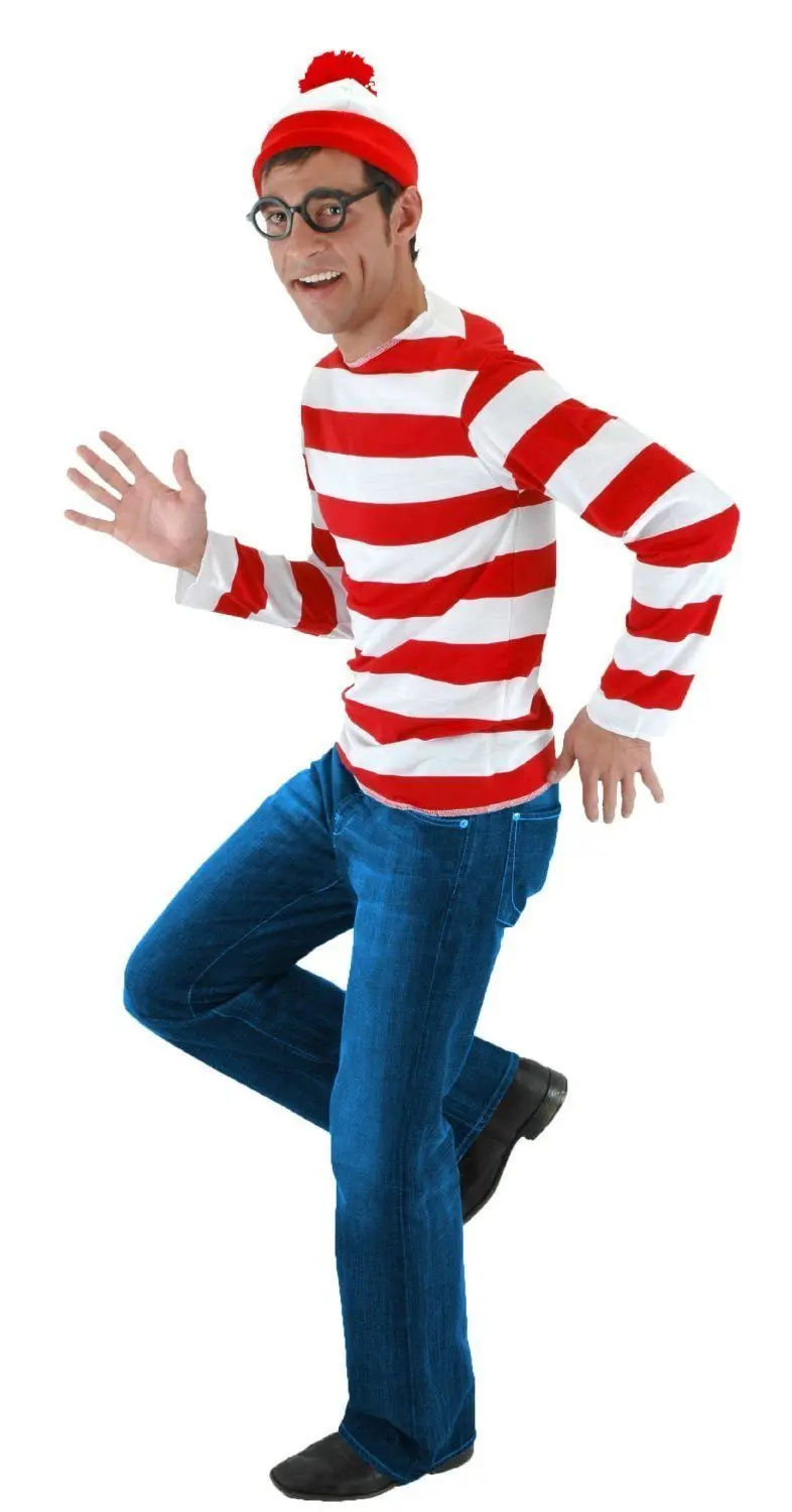 Where\'s Wally Waldo TV Cartoon Stag Night Outfit Adult Mens Fancy Dress Costumes halloween Costume