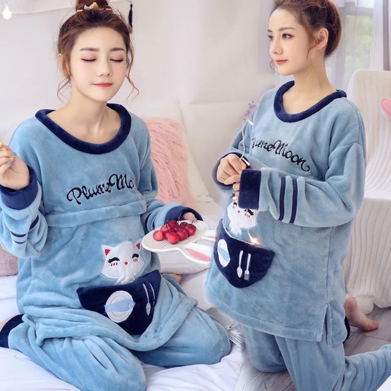 Maternal Pajamas Pregnant Women Warm Coralline Velvet Breast-feeding Autumn Winter Suit