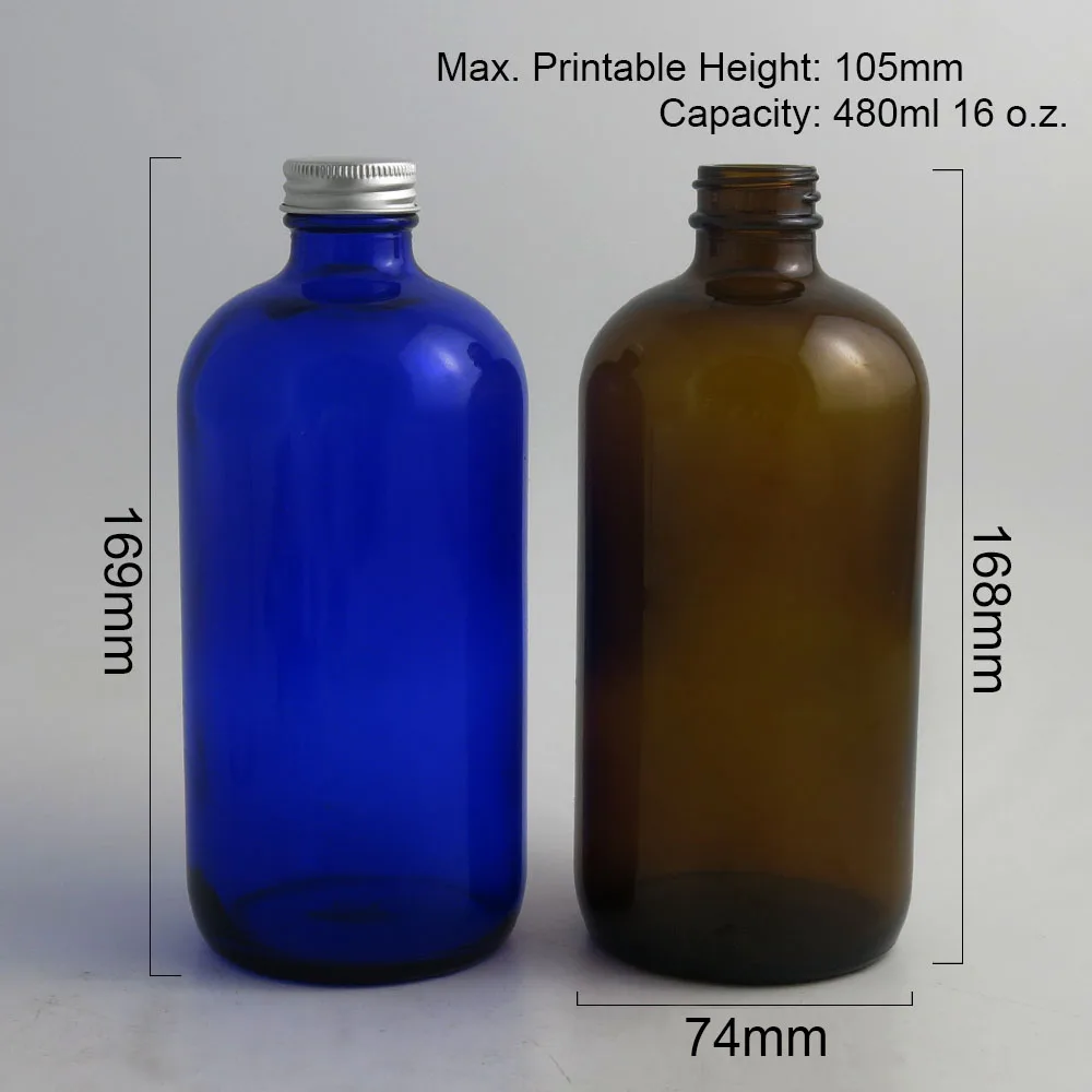 2pcs 480ml Big Refillable Amber Blue Clear Boston Round Glass Bottles with Aluminum lids 16 oz Large Glass Containers