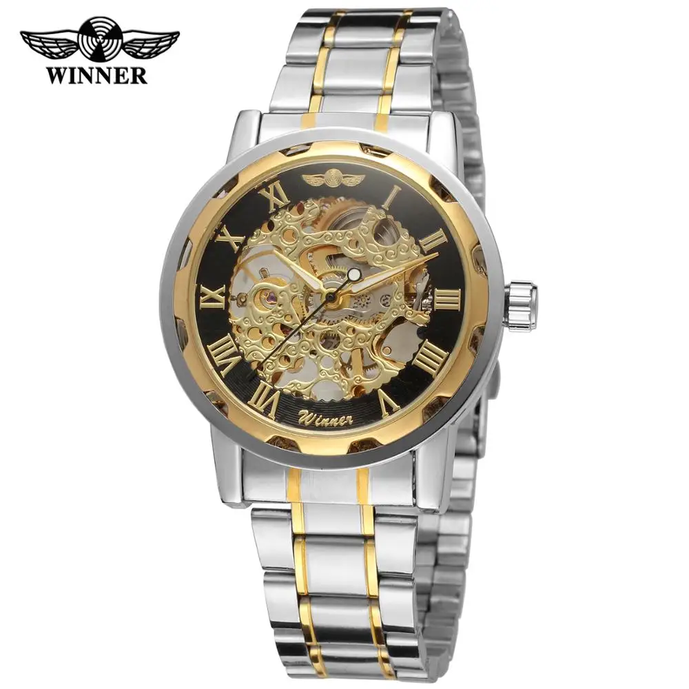 

T-WINNER WATCH gloden Roman Numerals golden and black surface silver steel band men's mechanical watch