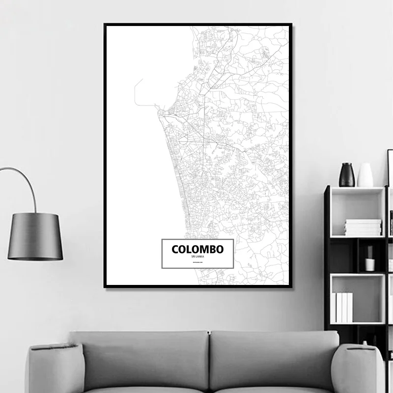 Colombo, Sri Lanka Black White Custom World City Map Poster Canvas Print Nordic Style Wall Art Home Decor