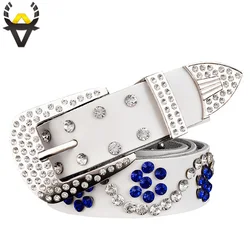 Moda rhinestone oryginalne pasy skórzane dla kobiet luksusowy pas z zapięciem na sprzączkę kobieta jakość druga warstwa skóra bydlęca pasek szerokość 3.3 cm