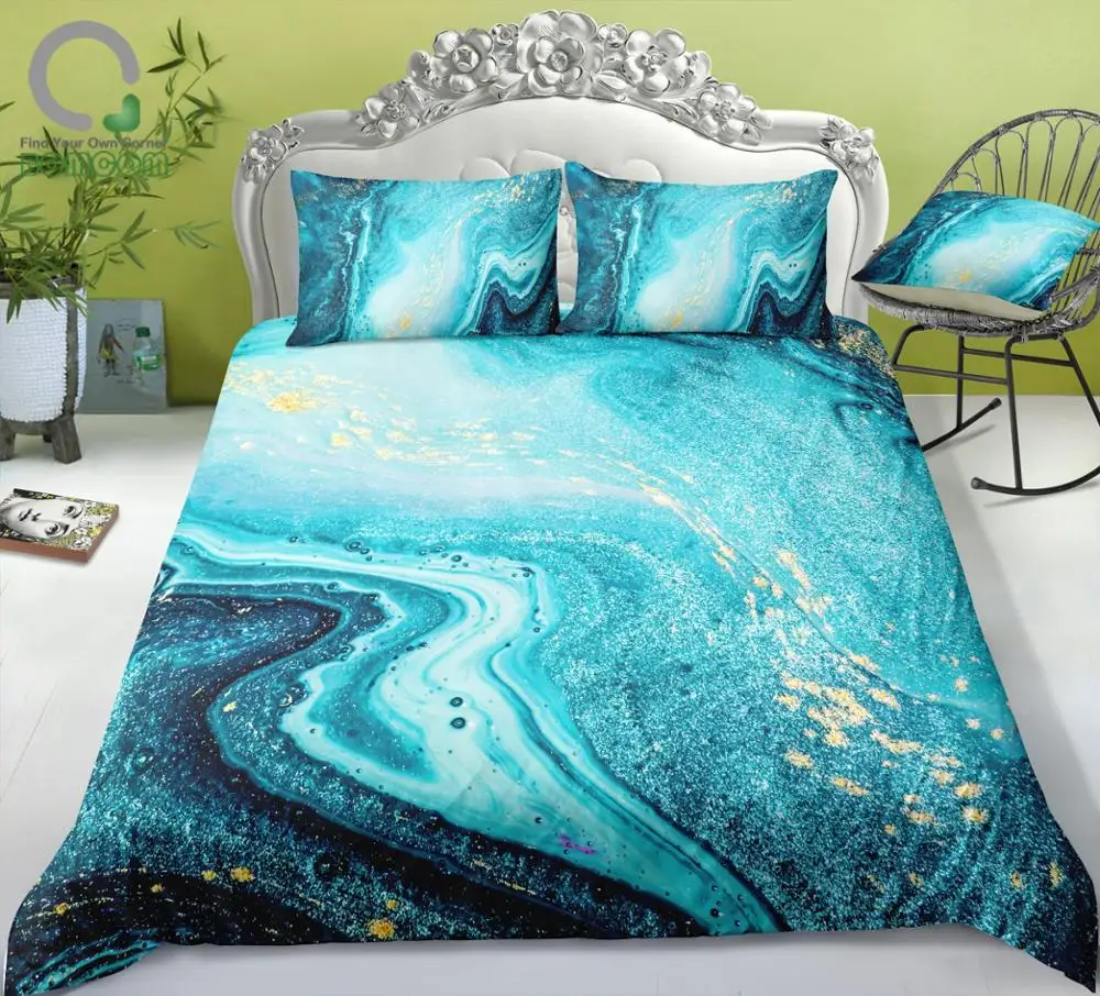 BOMCOM 3D Digital Printing Duvet Cover  Natural Luxury Swirls of Marble Blue Paint with Gold Powder Bedding Set 100% Microfiber