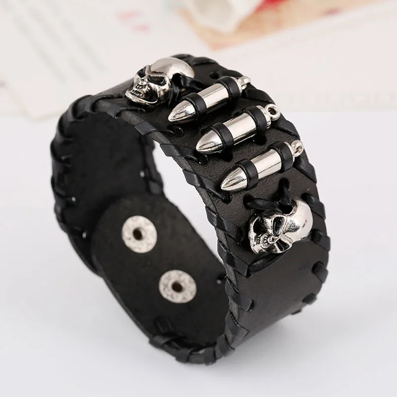 Punk Men Bracelets Hip Hop Skeleton Head Bullets Wide Leather Bracelet calavera Biker Viking Bangles Cowboy Men Jewelry Gift