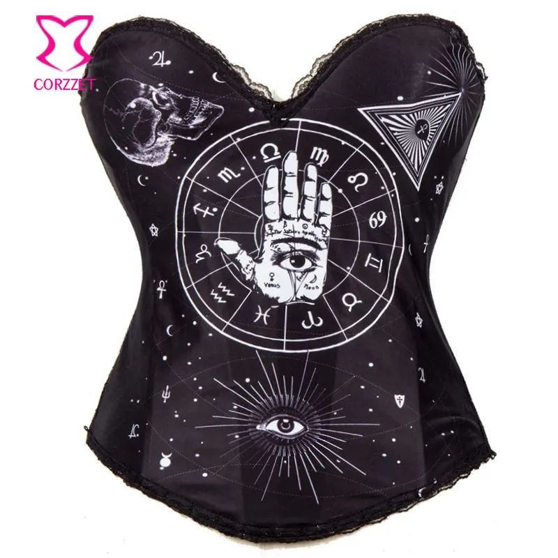 

"All-Seeing Eye" Black Cotton Printed Push Up Bustier Crop Top Burlesque Espartilhos Corset Corselet Sexy Korsett For Women