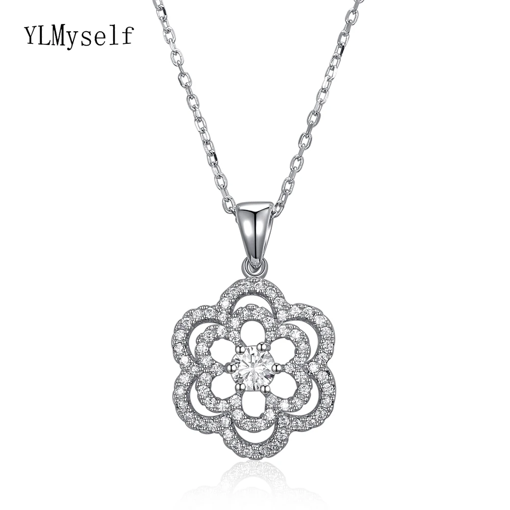 

YLMyself 925 Sterling Silver Flower Pendant luxury Necklace Zircon Romantic Jewelry Gift
