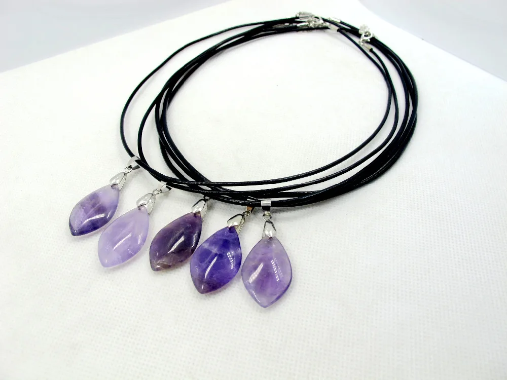 Christmas Gift,Natural Amethyst Quartz Necklace Gem Stone Necklace With Leather chain 18