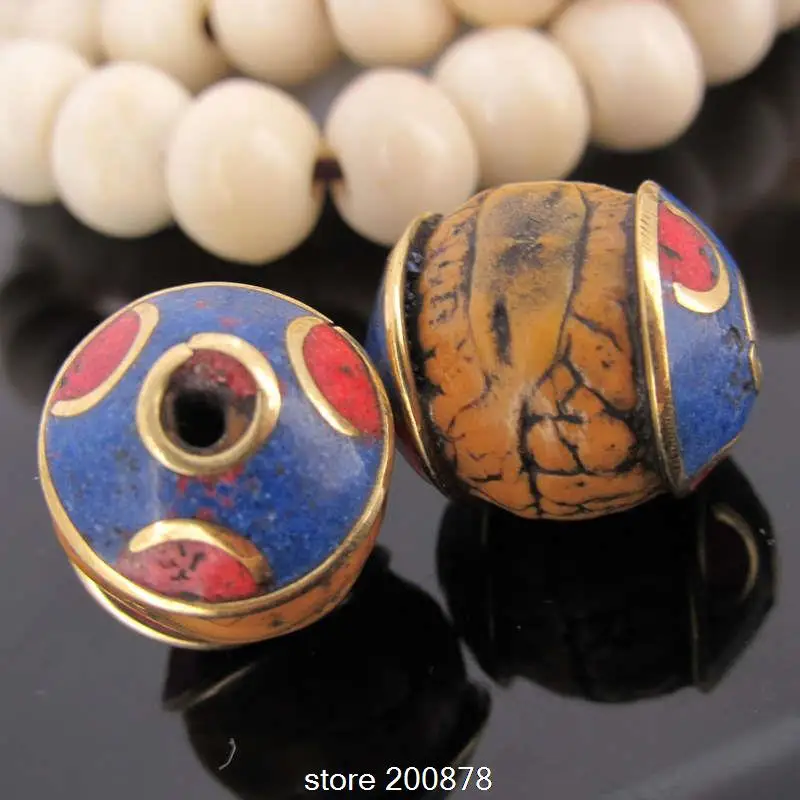 2 Beads Natural Bodhi Beads 15-17mm Nepal Hand Metal Capped Phoenix Eye Bodhi Bead NBB143