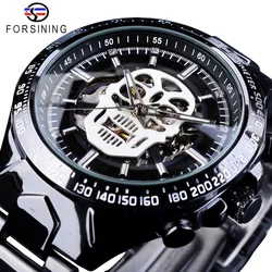 Forsining 2018 Steampunk Series Black Stainless Steel Fashion White Luminous Skull Design Men's Automatic Watches Sport Clock