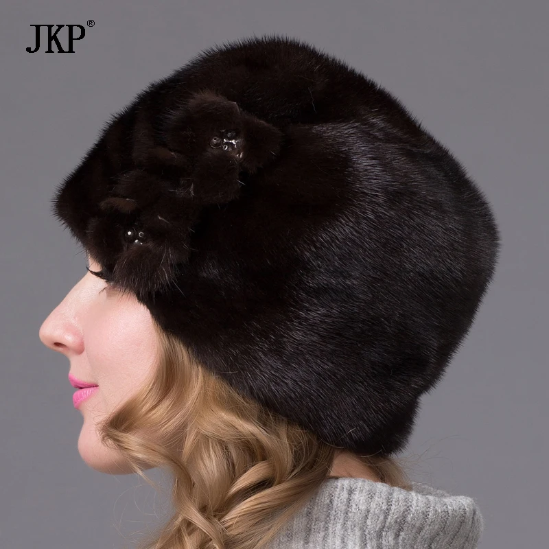 Russian Winter Fur Hat For Women Genuine Mink Fur Cap With Flower Style 2024 New Hot Warm High Quality Elegant Ladies Hat DHY-64