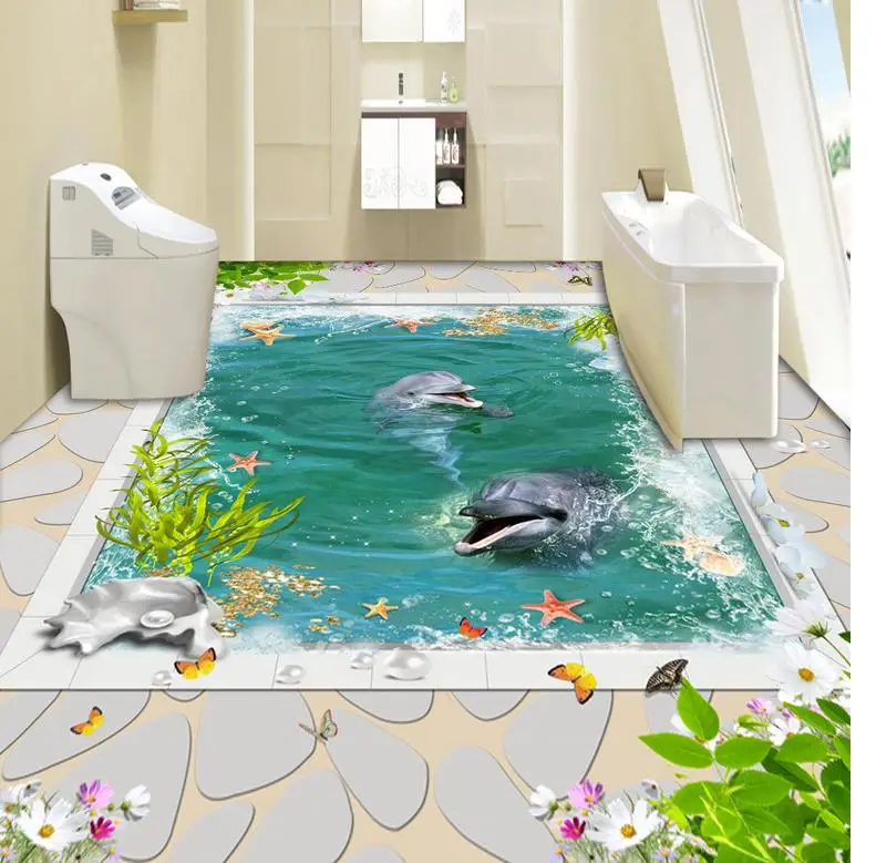 3d flooring White marble border dolphin pool 3d floor design pvc wallpaper 3d floor mural