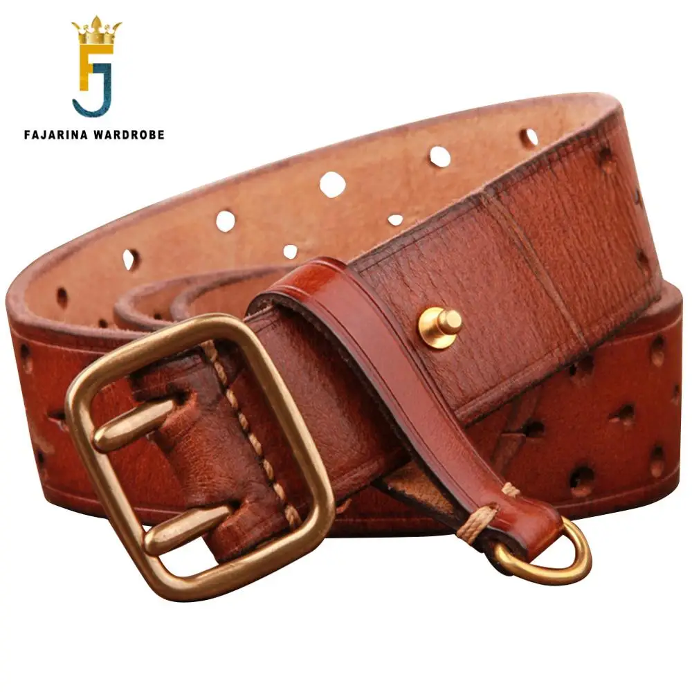 FAJARINA 2018 Unisex Brass Double Pins Buckle Female Retro Belt Top Quality 100% Cowhide Leather Belts for Couples Jeans FJ18012