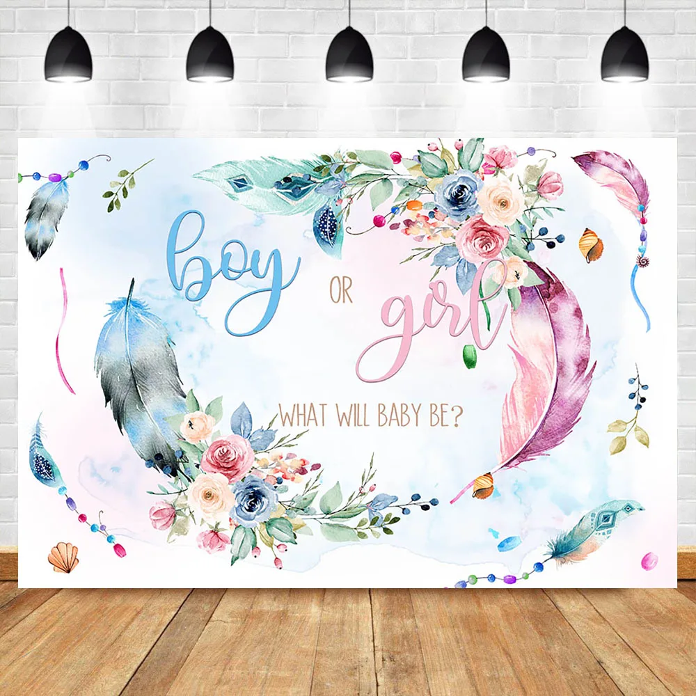 

Gender Reveal Backdrop Colorful Feather Flower Baby Shower Photo Background Boy or Girl Gender Reveal Banner Backdrops