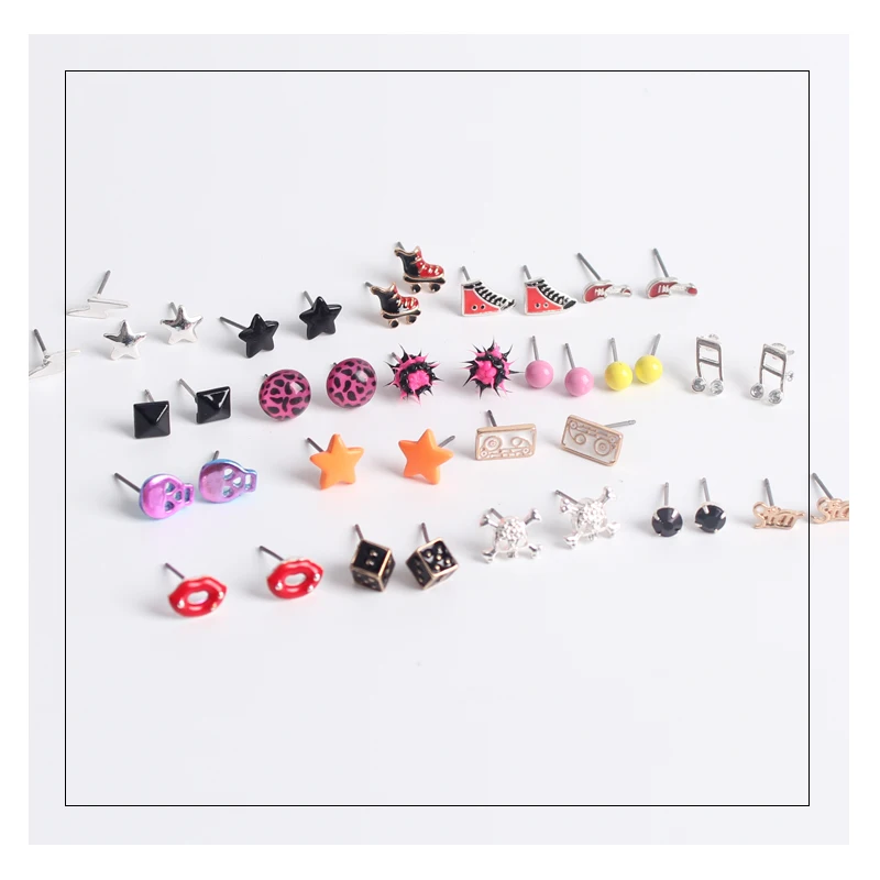 4 Styles Cute 20 Pairs/lot Charms Stud Earring Set Girls Punk Style Kiss Guitar Note Skull Sunglasses Peace Ear Studs Wholesale