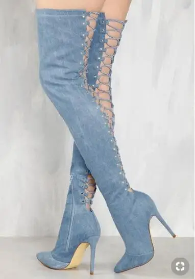 Fashion Suede Stretch Over The knee Boots High Heel Peep Toe Cut-out Lace-up Banquet Shoes Plus Size Gladiator Boot