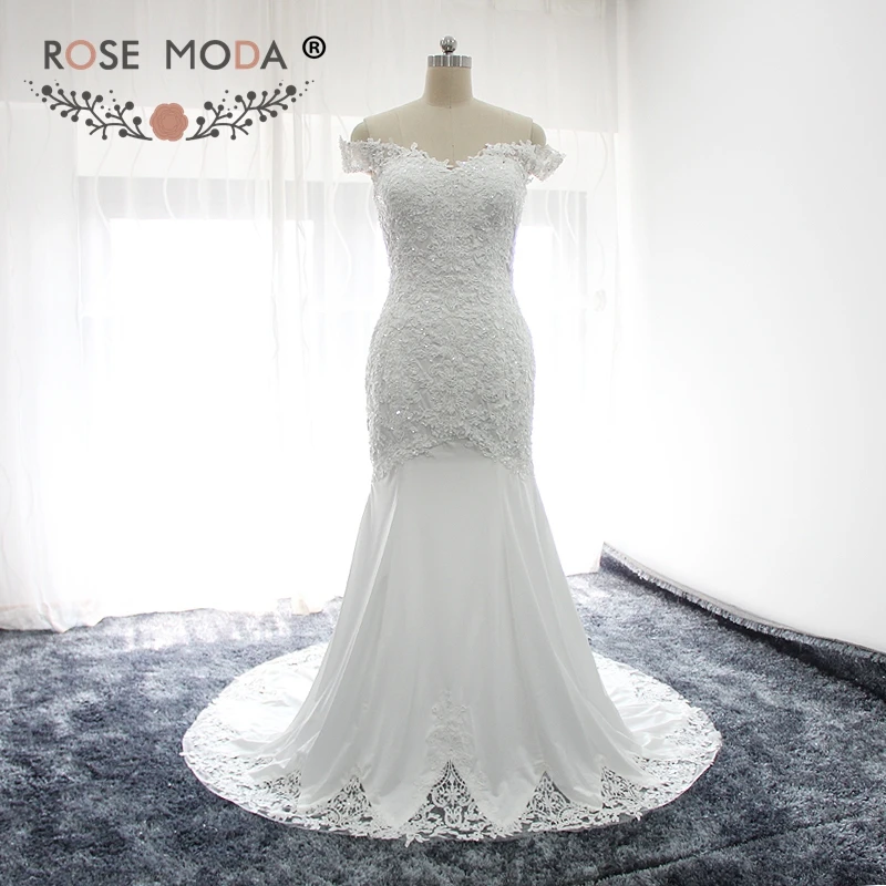 

Rose Moda Off Shoulder Lace Mermaid Boho Wedding Dress with Cut Out Lace Hem Real Photos