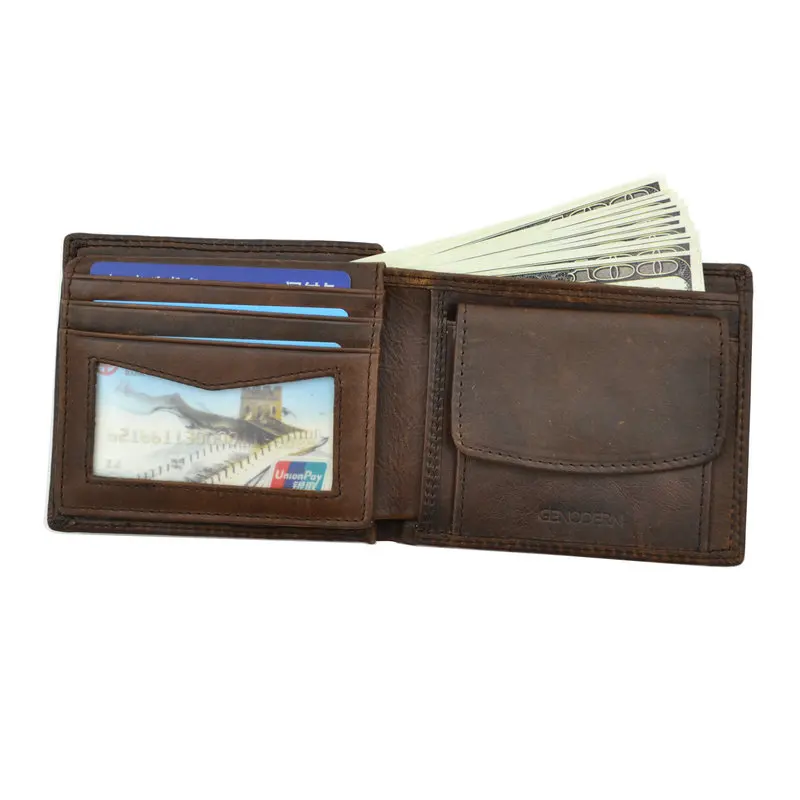 GENODERN Cow Leather Men Wallets with Coin Pocket Vintage Male Purse RFID Blocking Genuine Leather Men Wallet with Card Holders