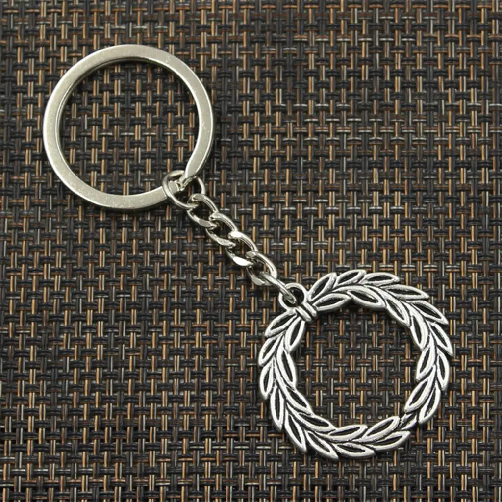 New Fashion Men 30mm Keychain DIY Metal Holder Chain Vintage Olive Branch Laurel Wreath 36x34mm Silver Color Pendant Gift