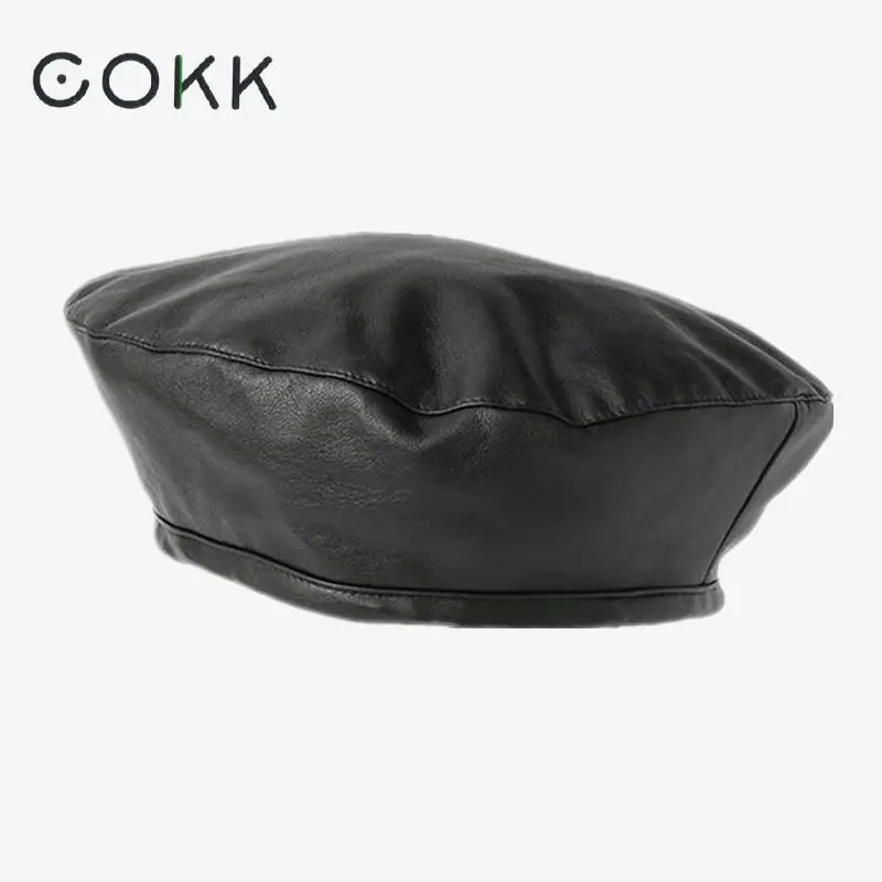 

COKK Pu Leather Beret Hats For Women Winter Flat Cap Female Boina Feminina Fashion Autumn Winter Beret Cap Bone Gorras Painter