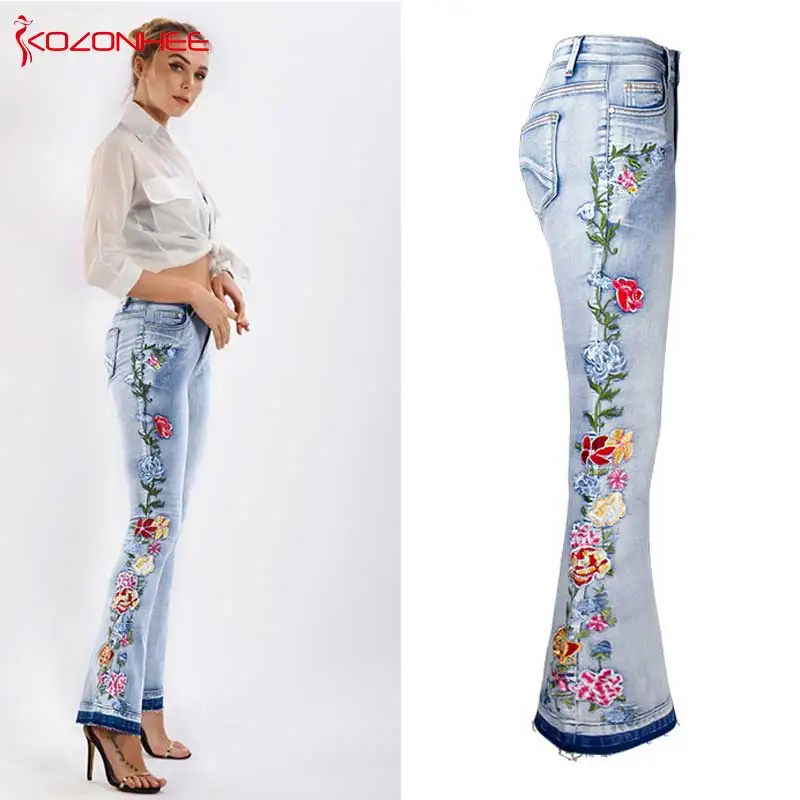 Embroidery Released Hem Flare Jeans Women Elasticity Bell-Bottoms Jeans For Girls Stretching Trousers women Jeans Large Size #07