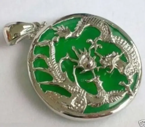 

Jew3108 Green JADE Silvered Dragon Phoenix Pendant and Necklace