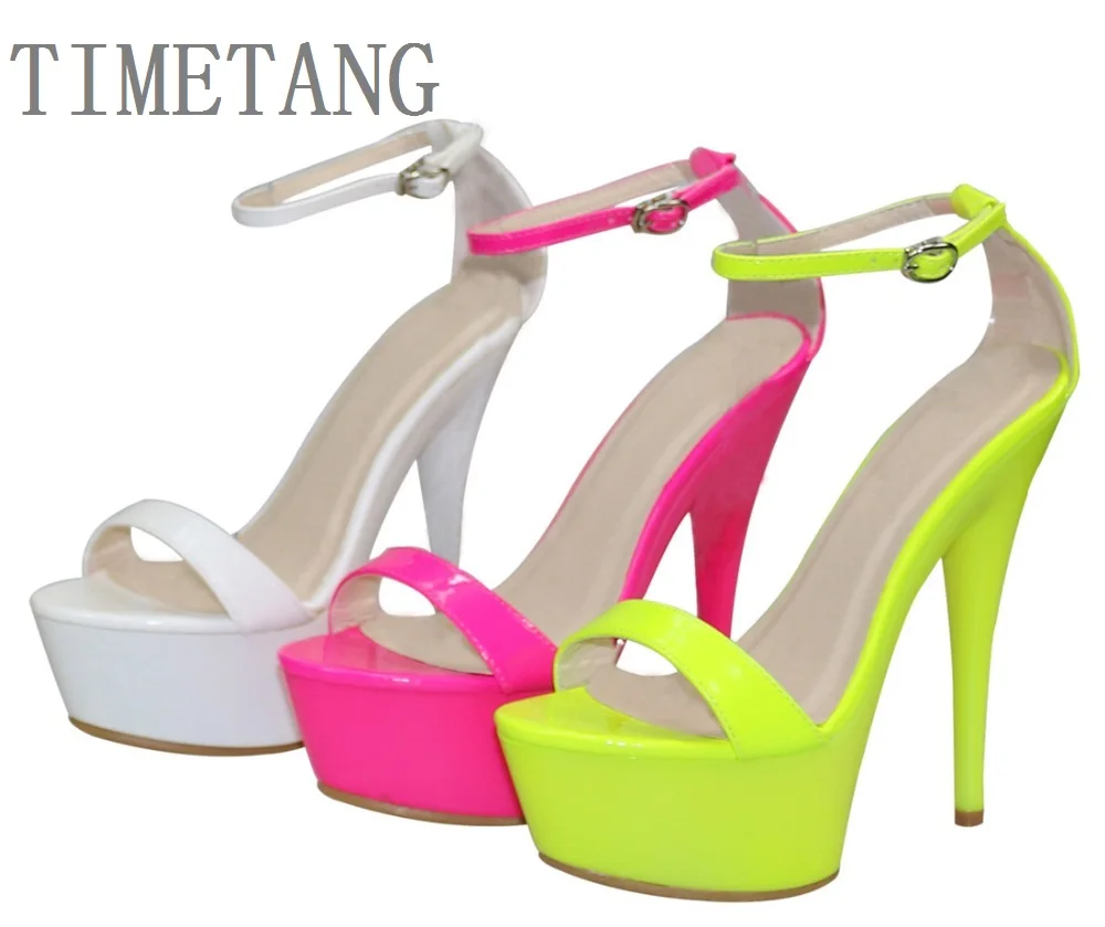 TIMETANG Fashion Summer Neon Color T-strappy Sandals For Women Sexy 15CM Ultra High Heel Platform Party Dancing Shoes 4 Colors