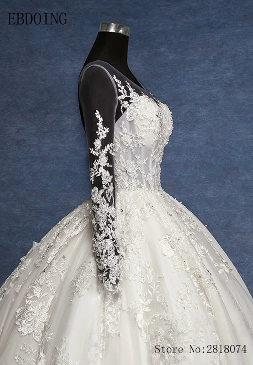 Foto reale Abiti Da Sposa Abito di Sfera Abito Da Sposa del Neckline della Paletta Completa Del Manicotto Del Treno Reale Più Il Formato Del Merletto Abiti Da Sposa