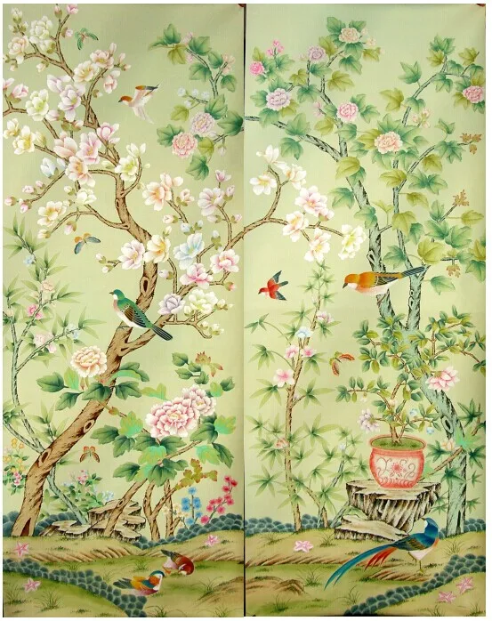 

Decoration hand painted wallcovering Hand-painted silk wallpaper painting Magnolia flowers with birds many pictures optional