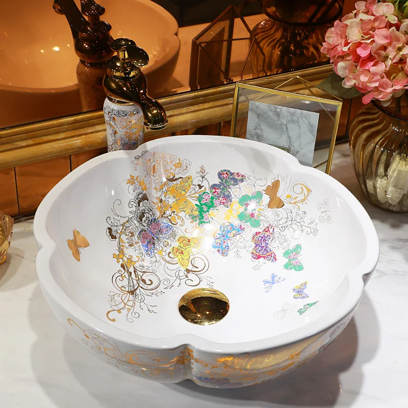 

White China Artistic Handmade butterfly Ceramic Lavobo flower Countertop handmade ceramic small wash basin bathroom sinks