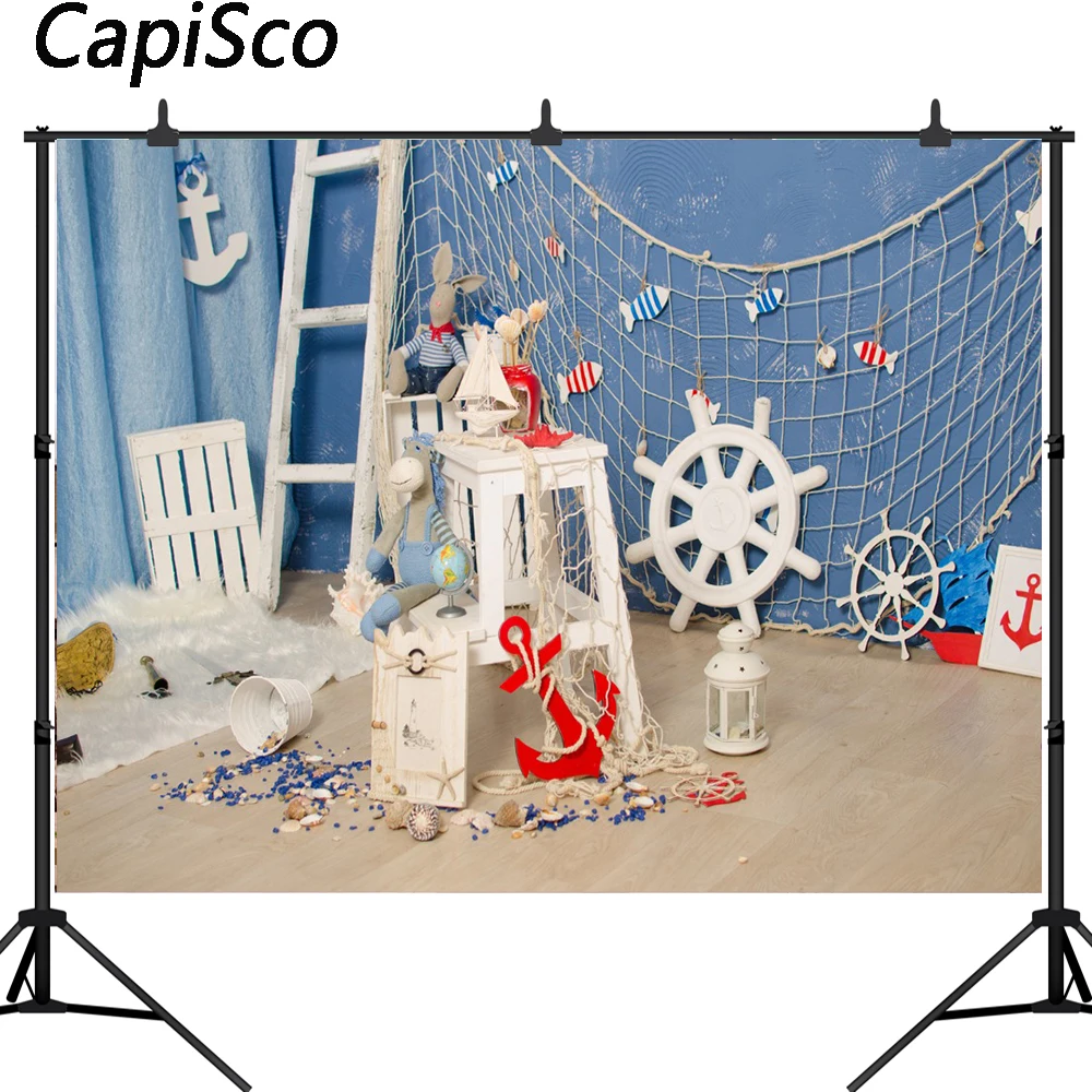 

Capisco Net Anchor Shells Wooden Boards Scene Baby party Photography Backgrounds Custom Photographic Backdrops For Photo Studio