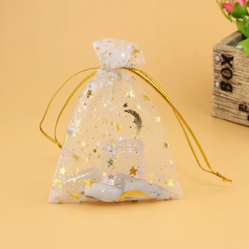 

200pcs/lot White Star Moon Bronzing Organza Bag Small Jewelry Gift Bag 7x9cm Tulle Jewelry Packaging Bags Wholesale