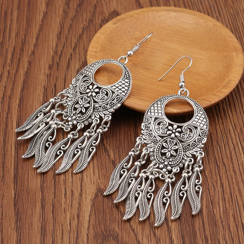 Aihua Vintage Tibet Silber Farbe große Aussage hohle geschnitzte Blumen geometrische Muster Blätter Quaste Tropfen Ohrringe für Frauen – Detail 17