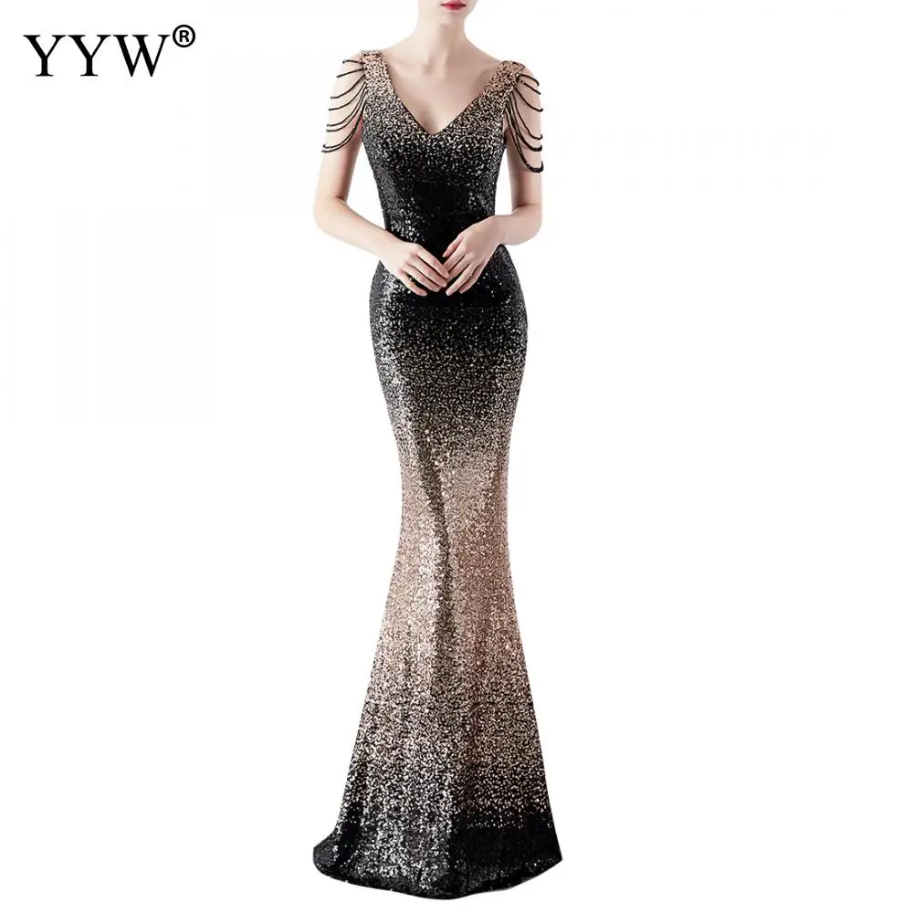 Robe De Soiree 2020 New Sexy V-Neck Sleeveless Mermaid Long Dress Gradient Sequined Evening Dresses Ladies Elegant Formal Gowns