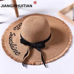 Sombreros de sol con letras tejidas hechas a mano para mujer, cinta negra con cordones, sombrero de paja de ala grande, sombrero de playa al aire libre, gorras de verano, Chapeu femenino