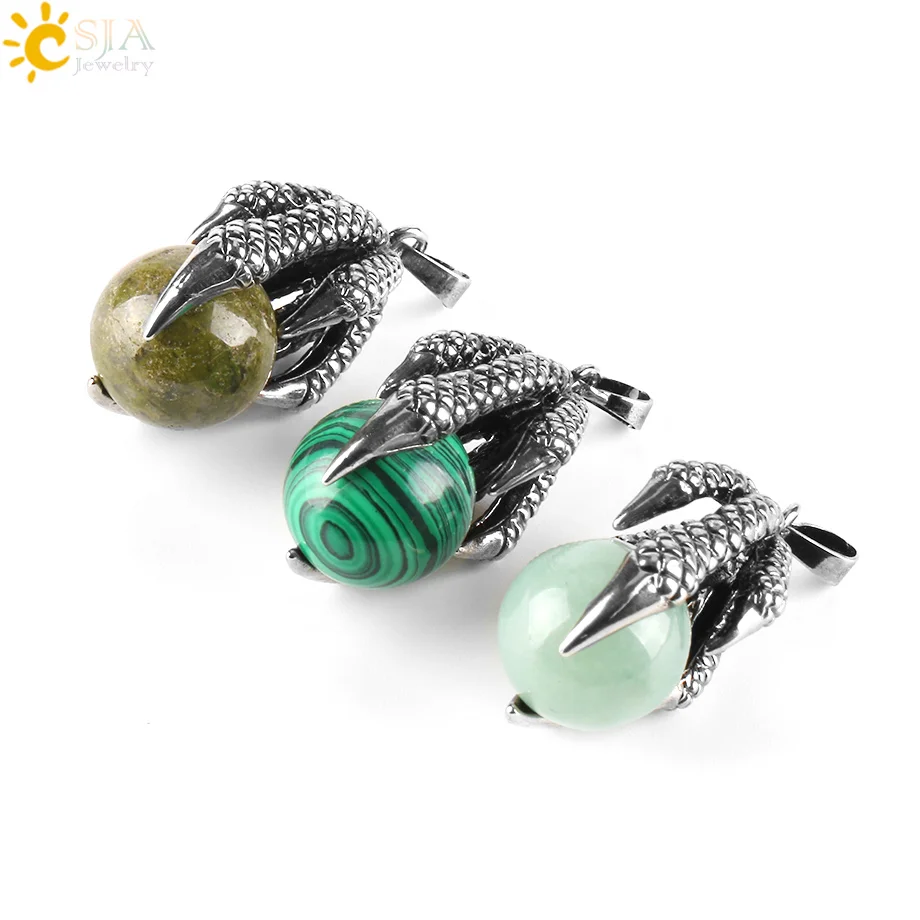 CSJA Natural Round Gem Stone Beads Dragon Claw Wrap Pendants for Necklace Reiki Ball Gothic Men Retro Crystal Women Jewelry E453