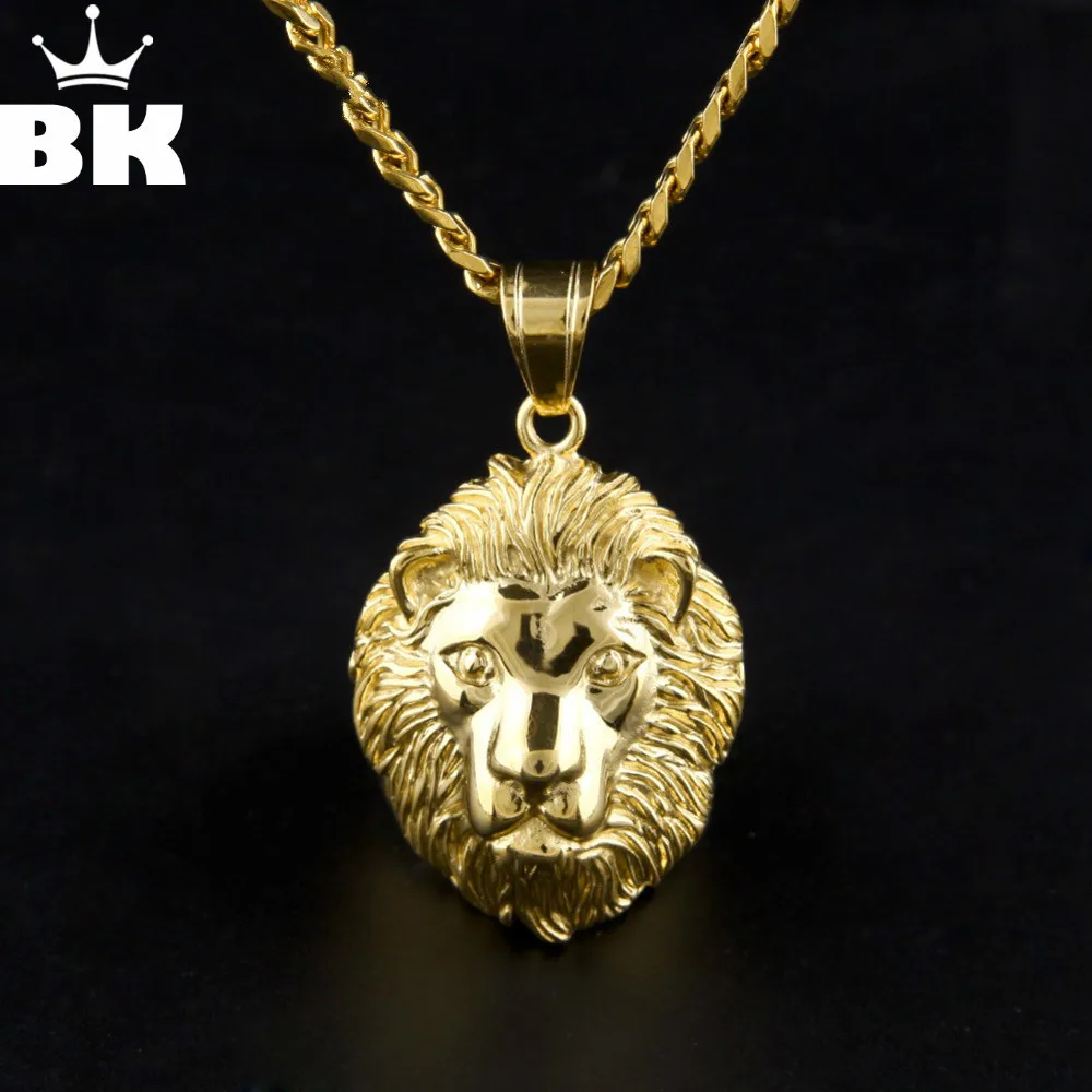 THE BLING KING Mens Hip Hop 24K Gold Color Lion Head Pendant Necklace Stainless Steel 3D Charm Trendy Jewelry Hip Hop Punk Style