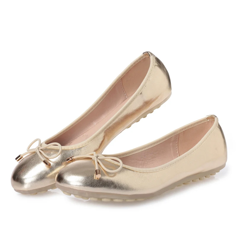 US 5-9 Lightweight Soft PU Leather Comfort Gold Silver Woman Flats Ladies SLIP-ON Summer Bowknot Ballerina Shoes