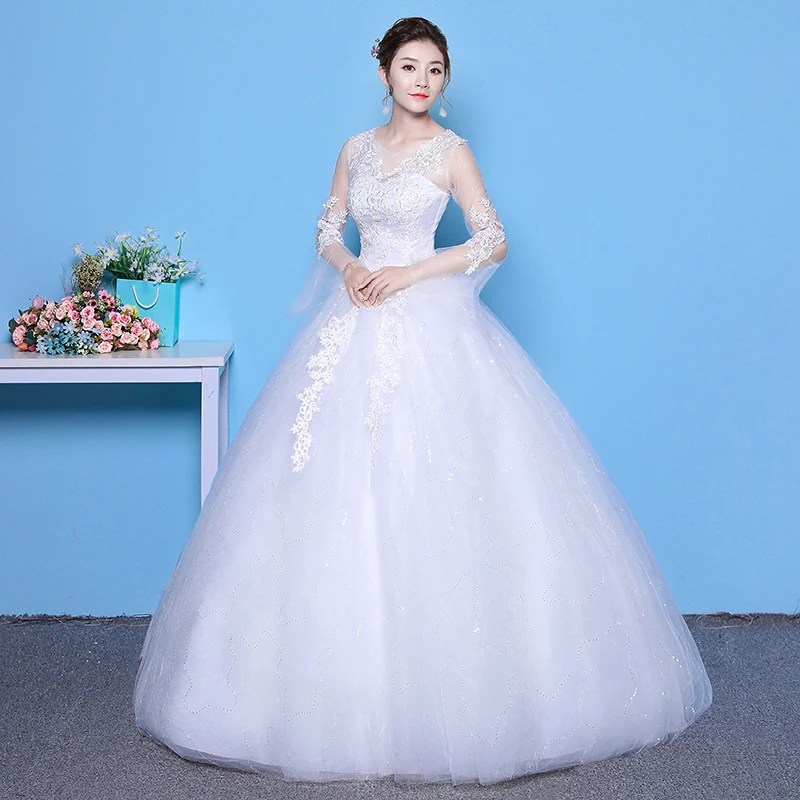 New Bride Wedding Dress Lace Up Ball Gowns Sleeves Wedding Dresses V-neck Bridal Dress Embroidery