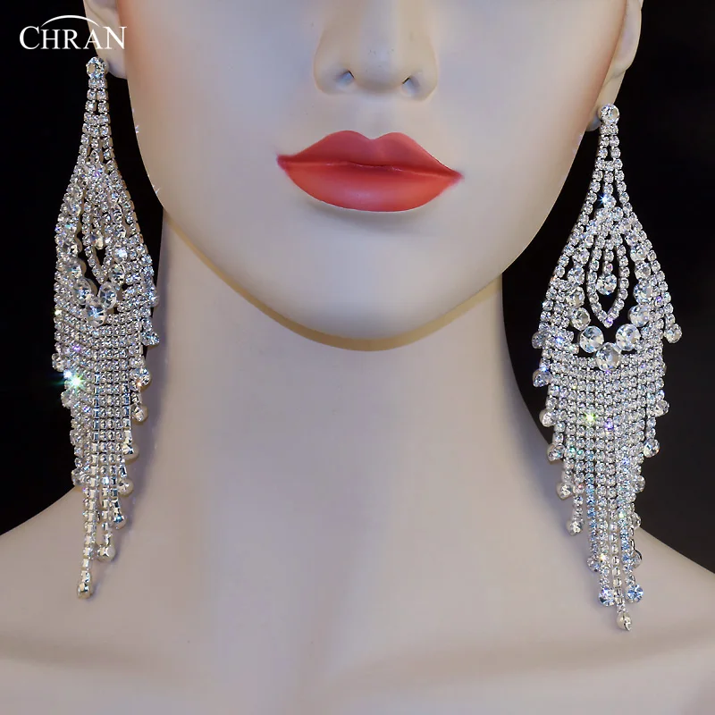 CHRAN Fashion Brand Exaggerated Jewelry Shinning Crystal Chain Tassel Rhinestone Long Earrings for Women Druzy Drop Earring