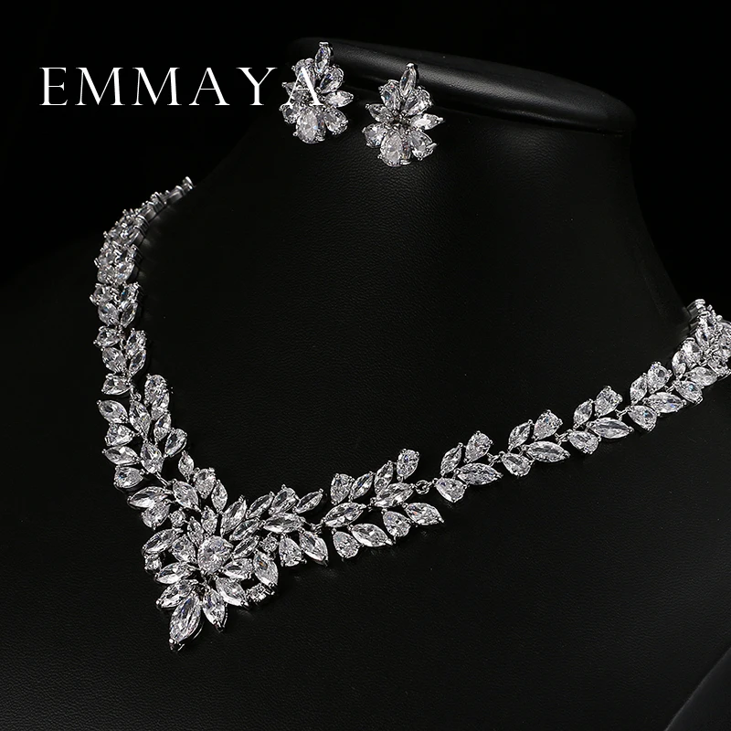 Emmaya New Top White Gold Plate Flower AAA Cubic Zircon Pendant/Earrings for Women Wedding Jewelry Sets