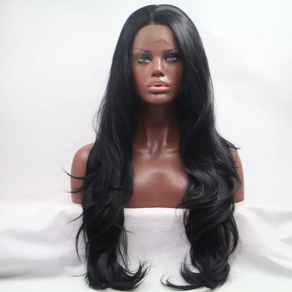 Sylvia 1b# Black Hair Long Natural Wave Wig Synthetic Lace Front Wigs Heat Resistant Fiber Hair For Black Women