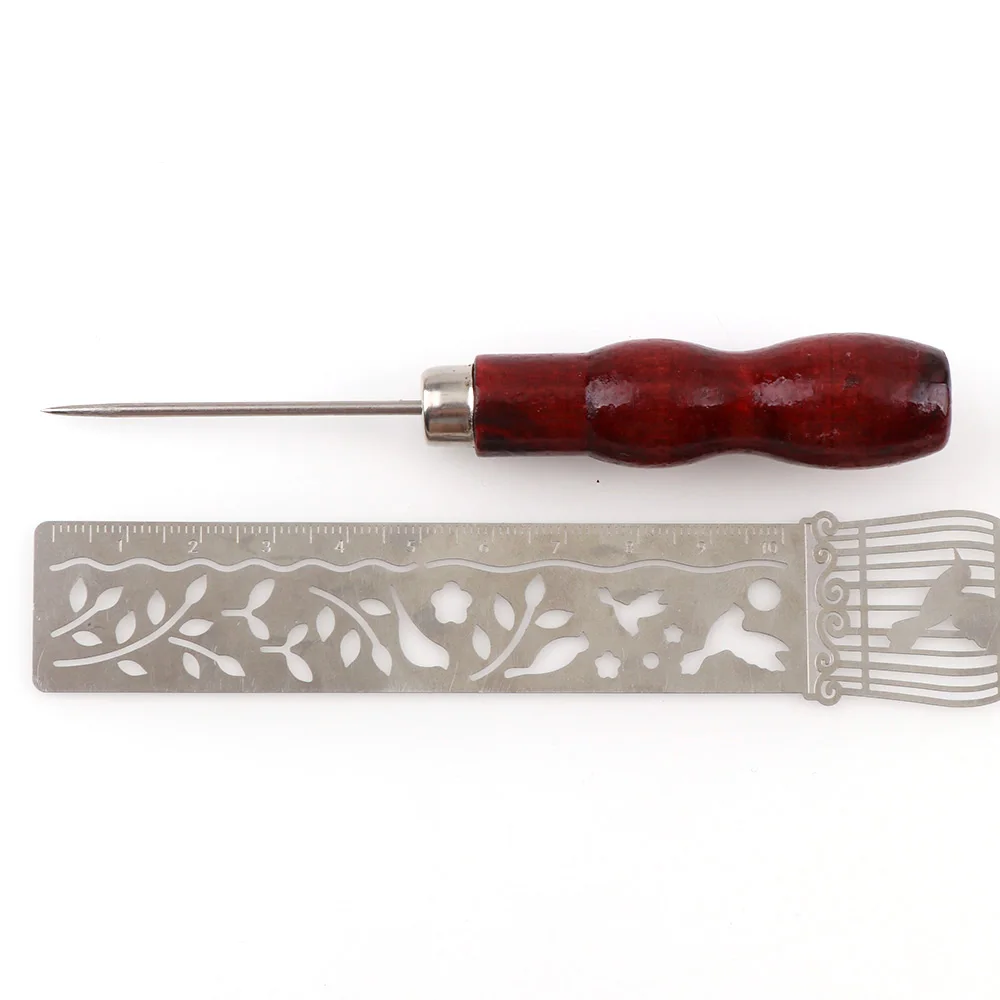 2Pcs Red Color Leather Craft Tip Awl Hand Sewing Tool Leather Edge Slicker Kit Awl Hole Puncher Positioning Drill Tools