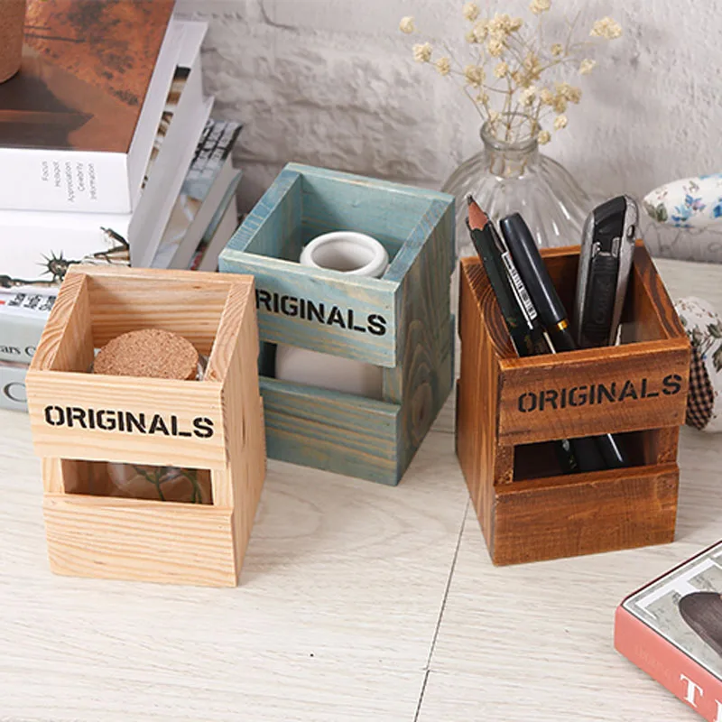 

50pcs/lot New creative Retro Wood Pen Holders School Office Students Pencil Holder desktop storage box gift LZ1115