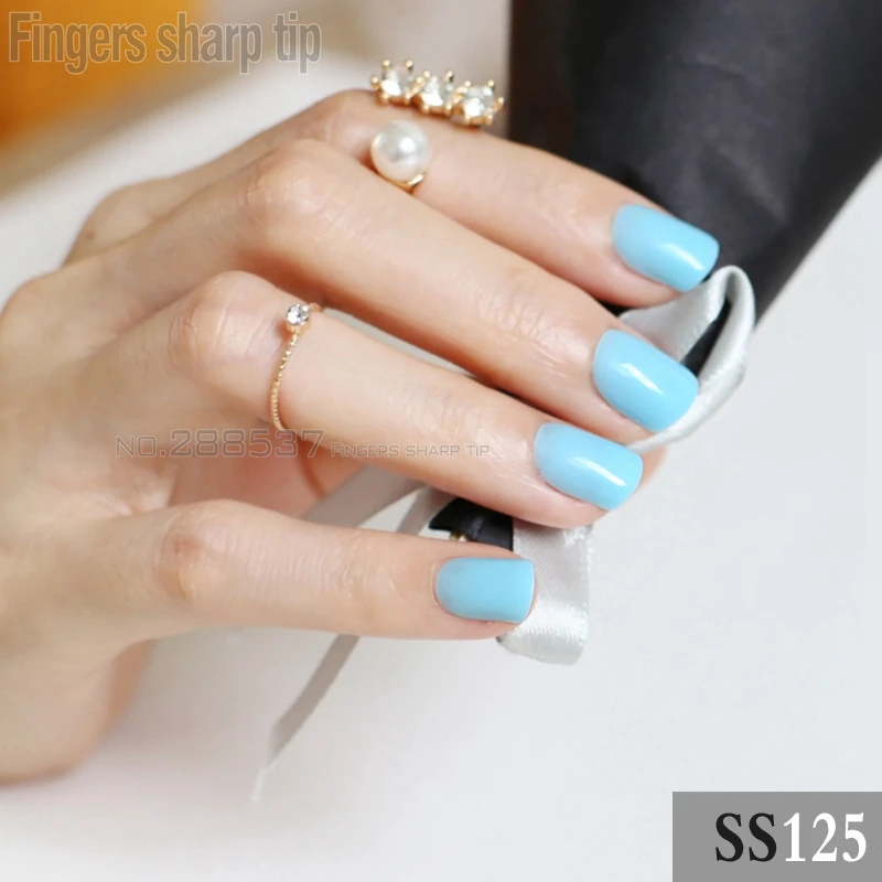 24pcs false nails sky blue candy short paragraph round square  head Light blue comfortable multicolor all wrapped SS125