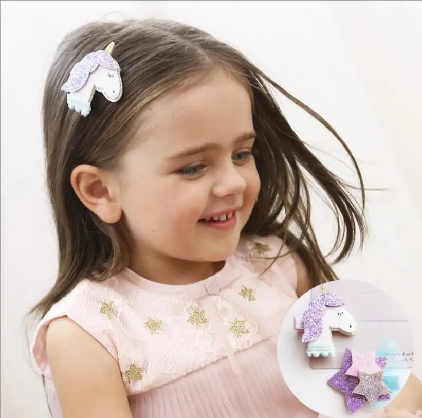 2PCS New Shining Dimensional Unicorn Star Girls Hair Clips Kids Hairpins Barrettes Children Hair Accessories