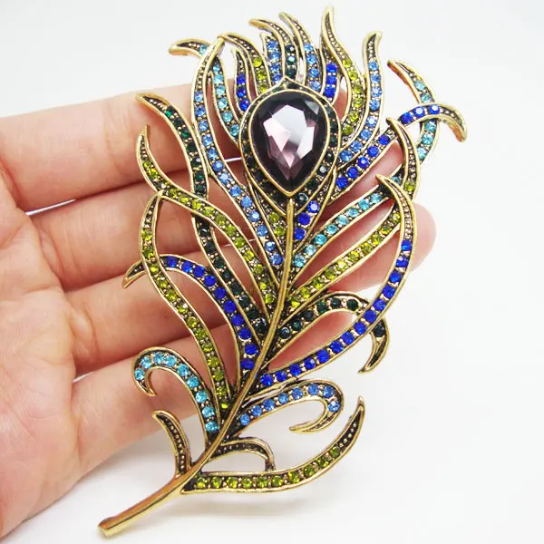 Vintage Peacock Feather Gold Tone Multi-color Rhinestone Brooch Pin