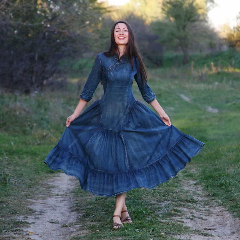 Dress Women 2018 Yuzi.may Boho New Denim Vestidos Three Quarter Sleeve a-Line Blue Women Vestido Elegant Vintage Denim Dresses