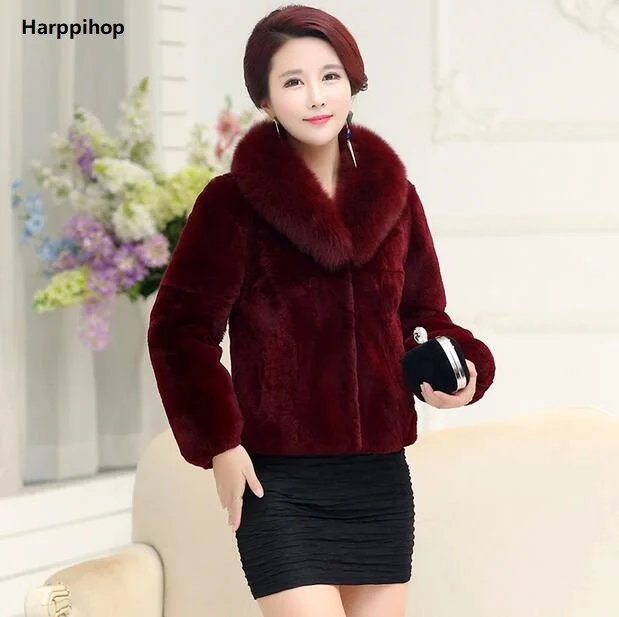 2018 Winter Women's Rabbit Fur Coat Fox Fur Collar Thicken Plus Size S-XXXL-5XL real rabbit  Fur Coats Overcoat genuine fur coat