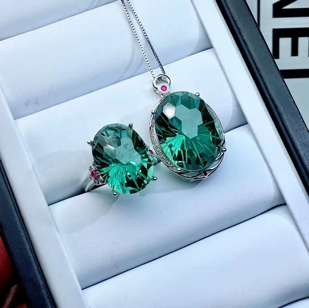 Special offer, natural green crystal jewelry set, ring pendant, colorful, 925 silver precision manufacturing