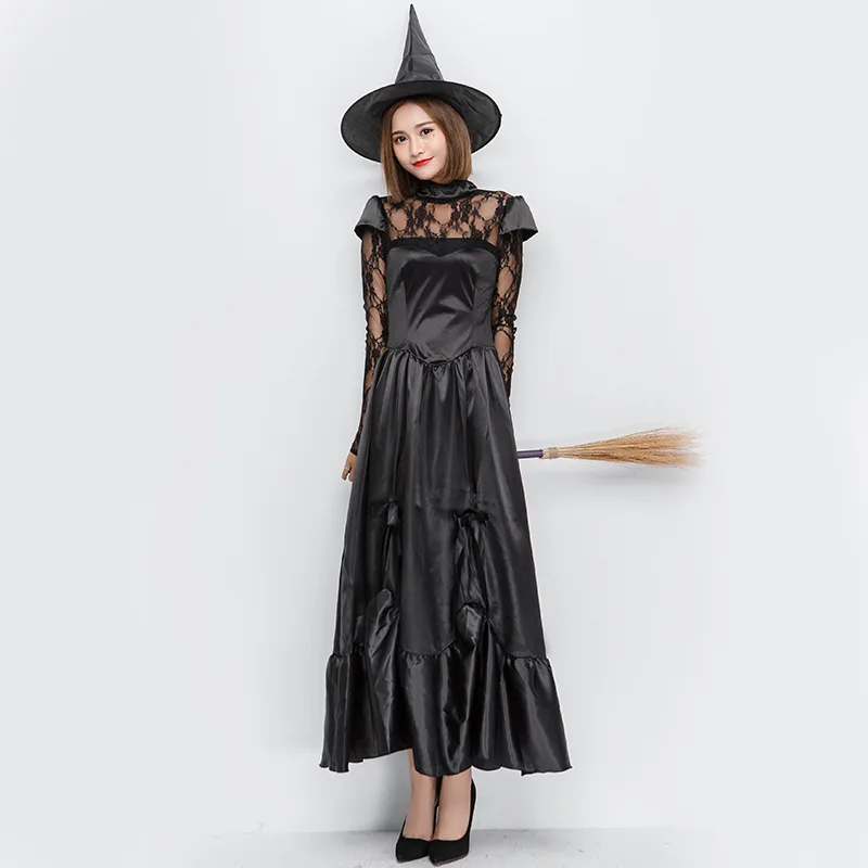 Dorosłe kobiety Gothic Halloween Morticia Addams duch czarownica kostium Horror czarna koronkowa sukienka na podłodze suknia szata ubrania dla pań